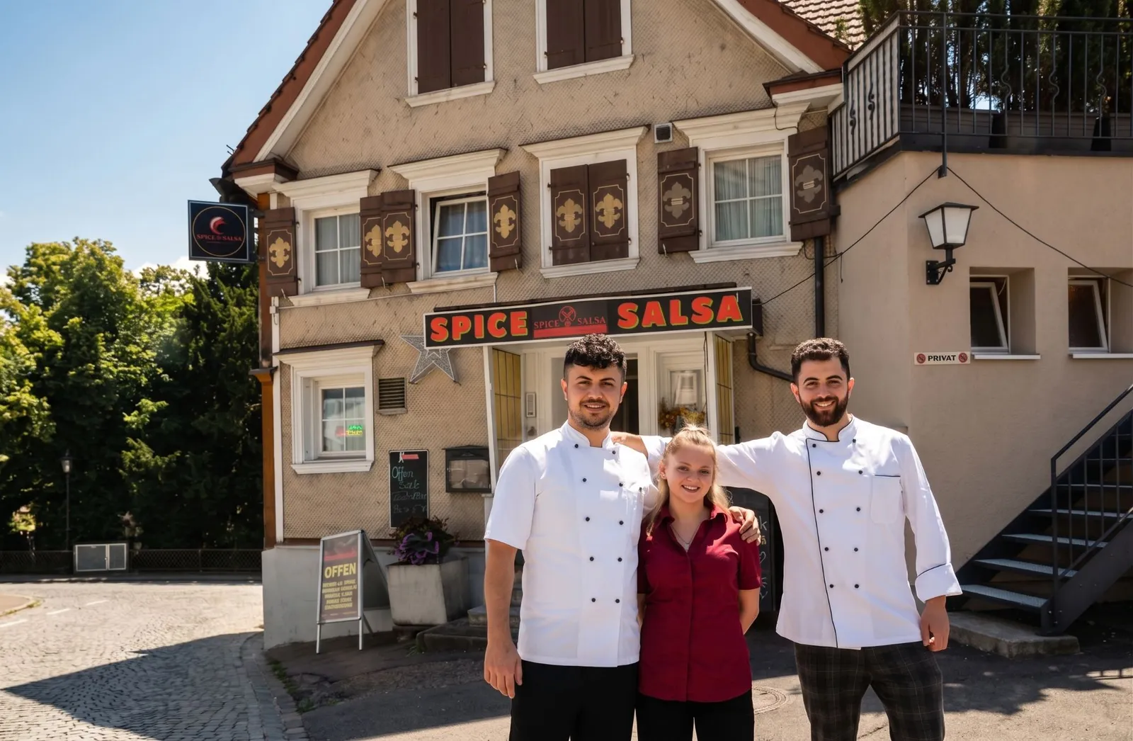 Das Team von Spice and Salsa vor dem Restaurant mit dem Schriftzug über dem Eingang